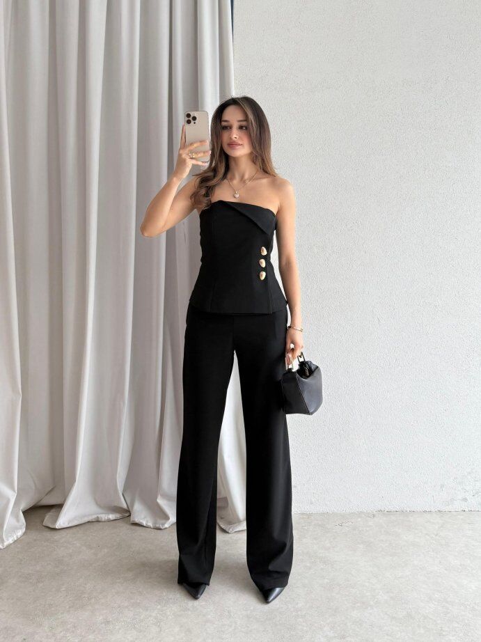 Straplez Gold Düğme Detaylı Büstiyer Pantolon Takım 5043 Siyah - S