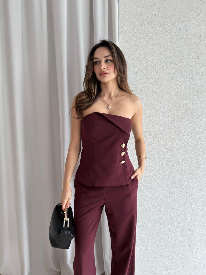 Straplez Gold Düğme Detaylı Büstiyer Pantolon Takım 5043 Bordo - M