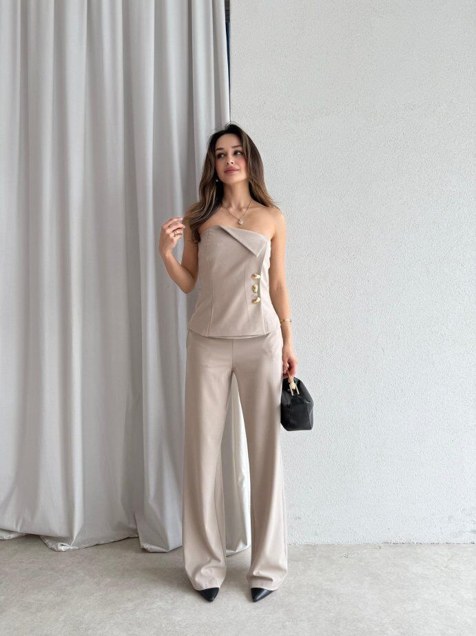 Straplez Gold Düğme Detaylı Büstiyer Pantolon Takım 5043 Bej - L