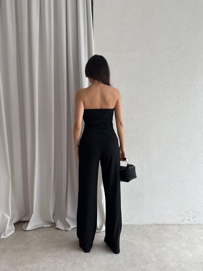 Straplez Gold Düğme Detaylı Büstiyer Pantolon Takım 5043 Siyah - L