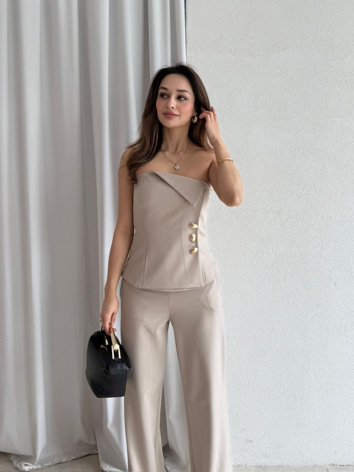 Straplez Gold Düğme Detaylı Büstiyer Pantolon Takım 5043 Bej - XL