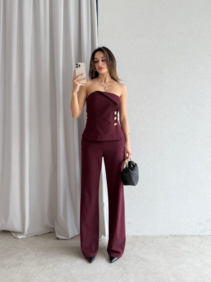 Straplez Gold Düğme Detaylı Büstiyer Pantolon Takım 5043 Bordo - XL