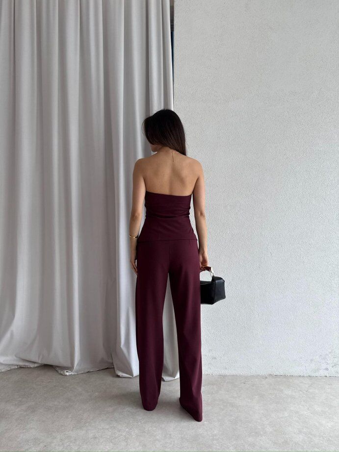 Straplez Gold Düğme Detaylı Büstiyer Pantolon Takım 5043 Bordo - XL