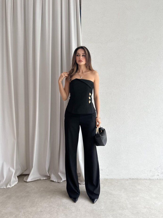 Straplez Gold Düğme Detaylı Büstiyer Pantolon Takım 5043 Siyah - XL
