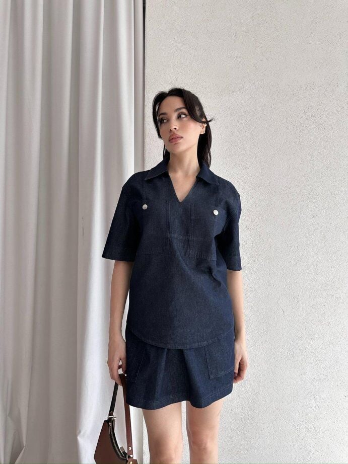 V Yaka Kemerli Denim Etek-Ceket Takım 5046