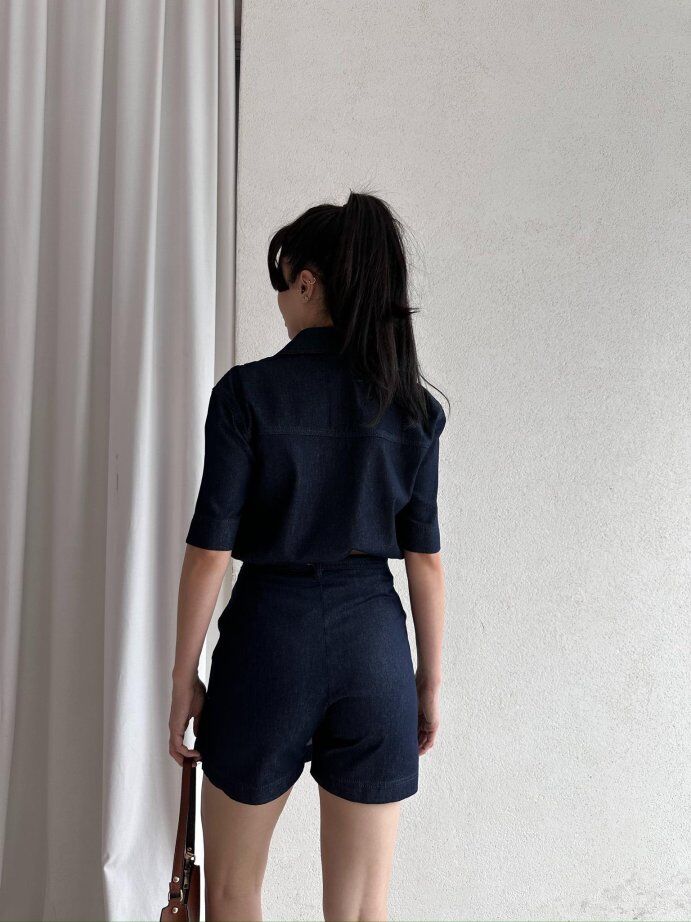 V Yaka Kemerli Denim Etek-Ceket Takım 5046