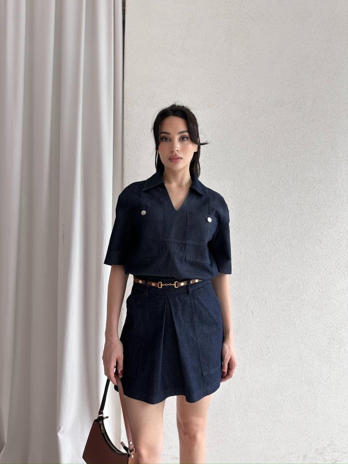 V Yaka Kemerli Denim Etek-Ceket Takım 5046 Lacivert - S