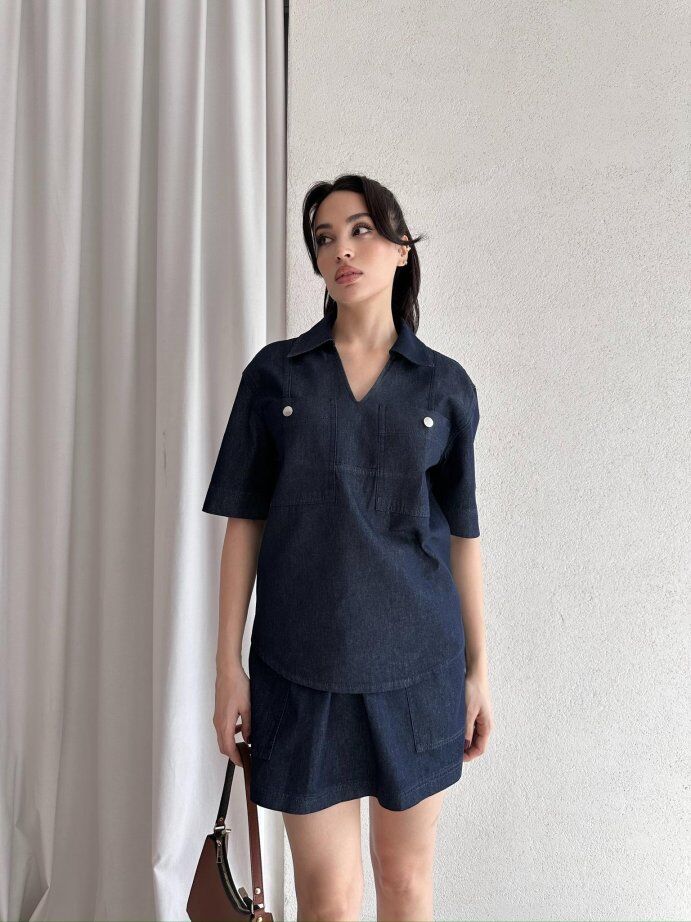 V Yaka Kemerli Denim Etek-Ceket Takım 5046 Lacivert - L