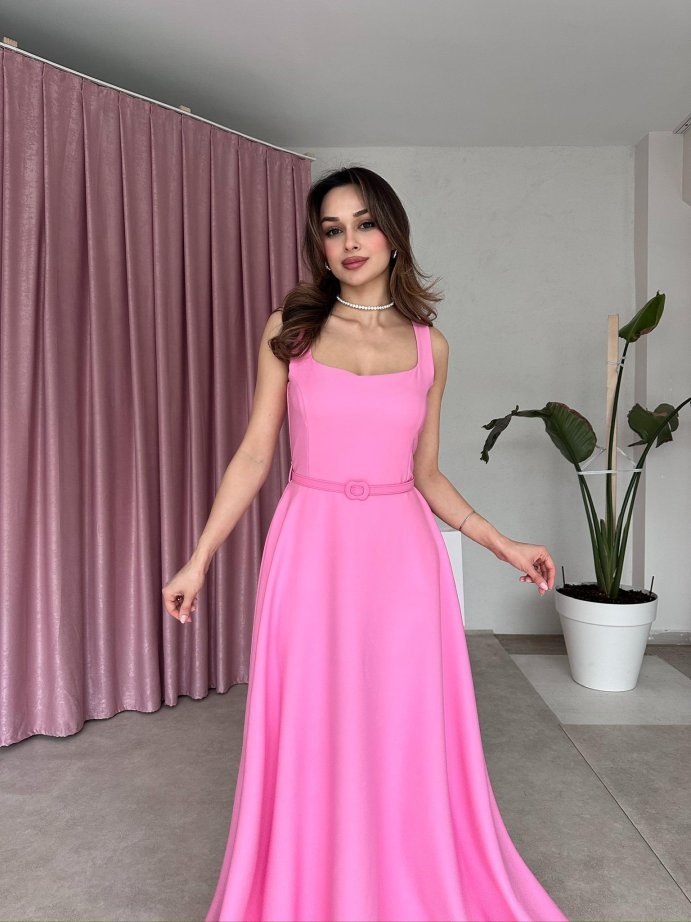 Kare Yaka Kemerli Uzun Elbise 5050 Pembe - M