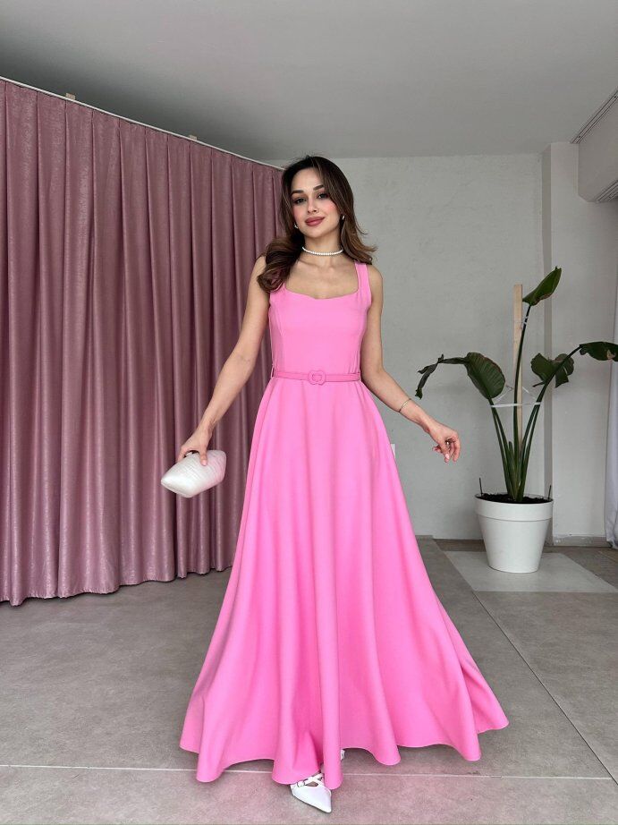 Kare Yaka Kemerli Uzun Elbise 5050 Pembe - M