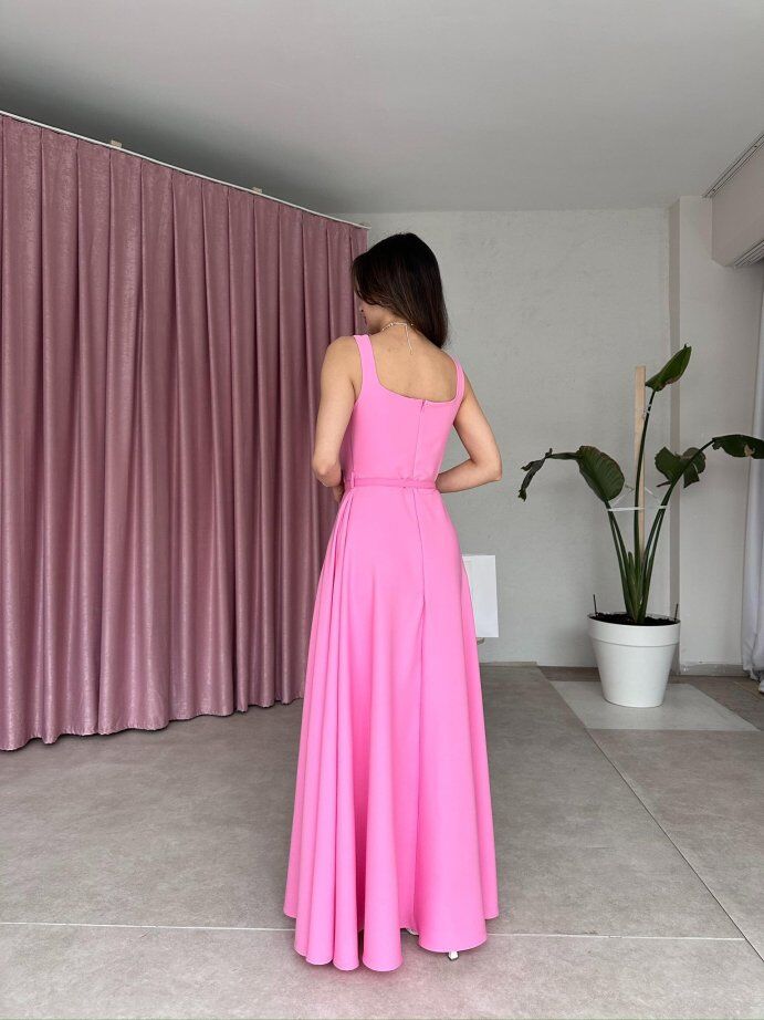 Kare Yaka Kemerli Uzun Elbise 5050 Pembe - M