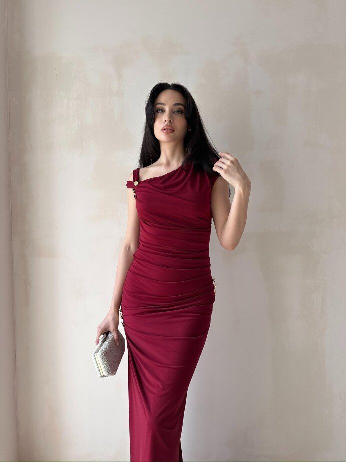 Tek Omuz Drapeli Toka Detaylı Maxi Elbise 5053 Bordo - L