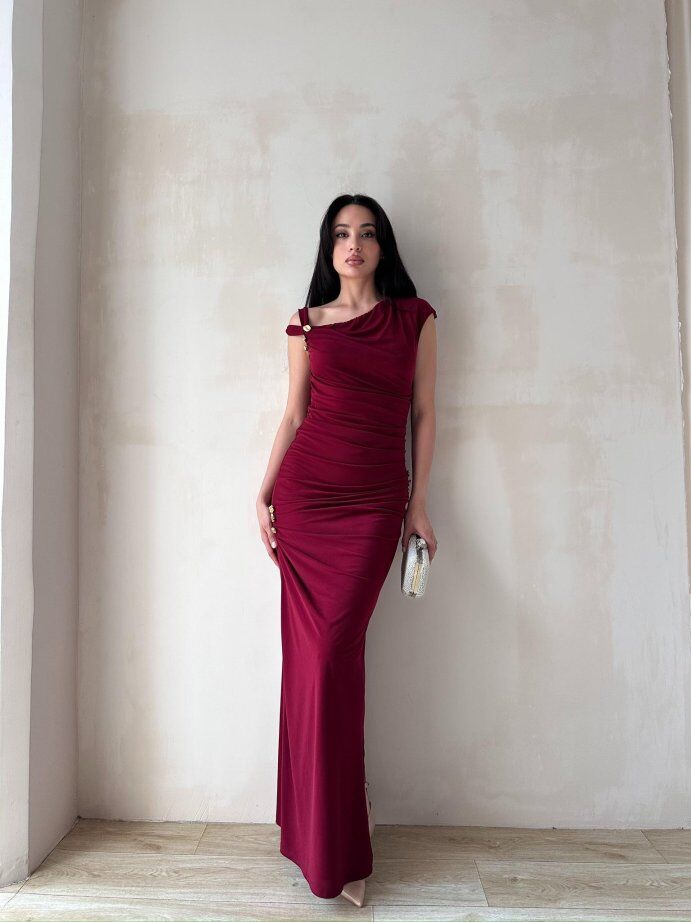 Tek Omuz Drapeli Toka Detaylı Maxi Elbise 5053 Bordo - L