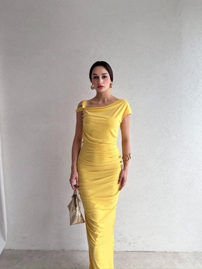 Tek Omuz Drapeli Toka Detaylı Maxi Elbise 5053 Sarı - L
