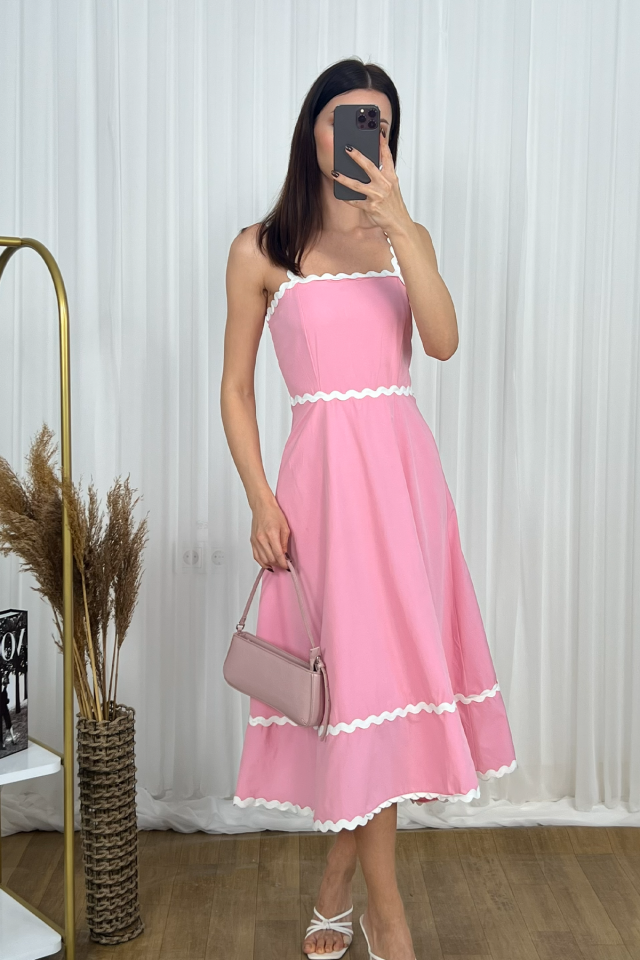 Askılı Volan Detaylı Midi Boy Şifon Kadın Elbise