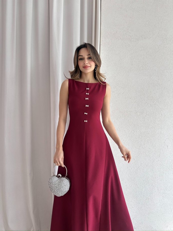 Kayık Yaka Taşlı Fiyonk Detaylı Maxi Elbise 5055 Bordo - S