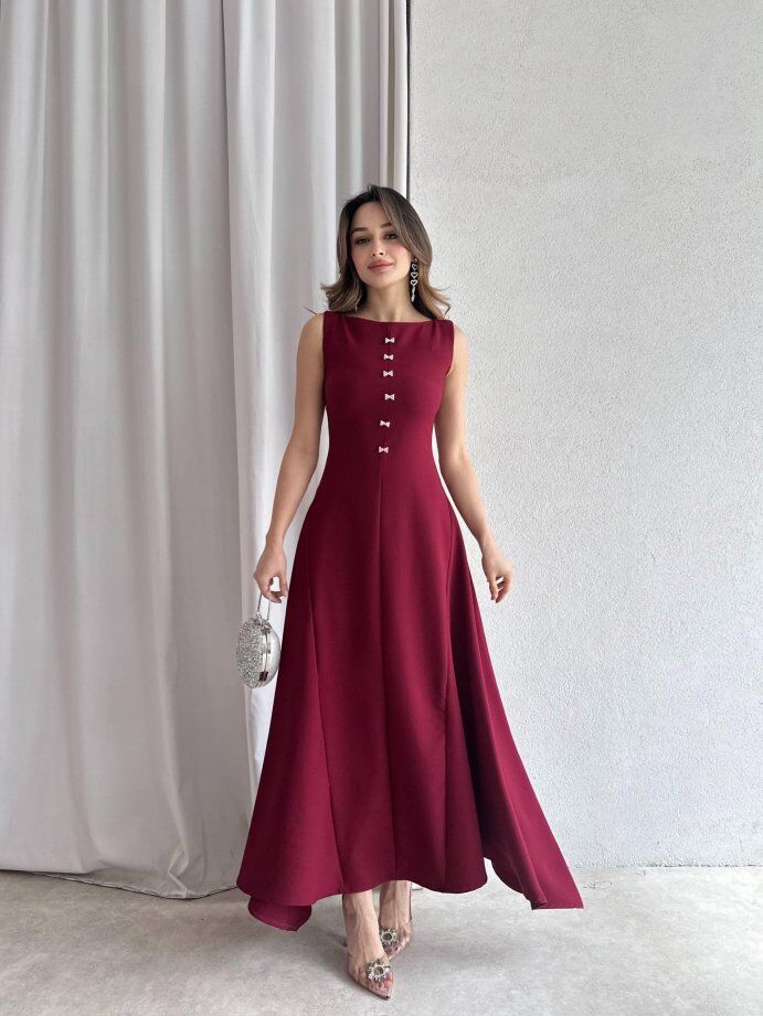 Kayık Yaka Taşlı Fiyonk Detaylı Maxi Elbise 5055 Bordo - S