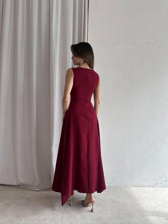 Kayık Yaka Taşlı Fiyonk Detaylı Maxi Elbise 5055 Bordo - M