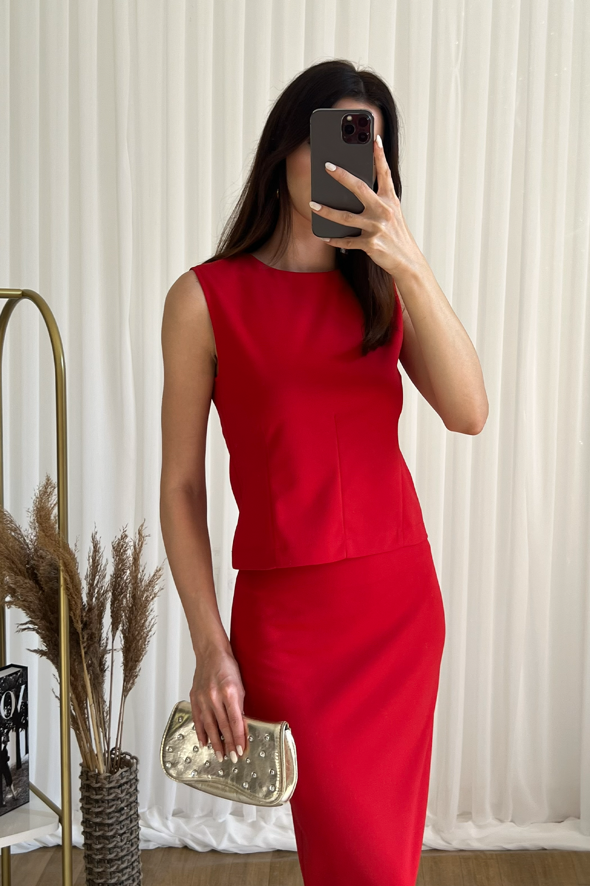 Bisiklet Yaka Kolsuz Üst ve Kalem Etek İkili Takım