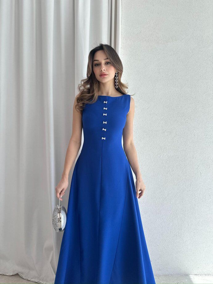 Kayık Yaka Taşlı Fiyonk Detaylı Maxi Elbise 5055 Saks Mavisi - M