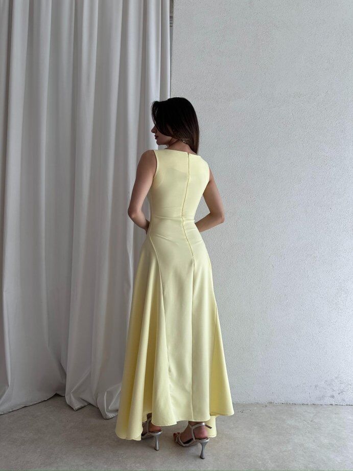 Kayık Yaka Taşlı Fiyonk Detaylı Maxi Elbise 5055 Sarı - L