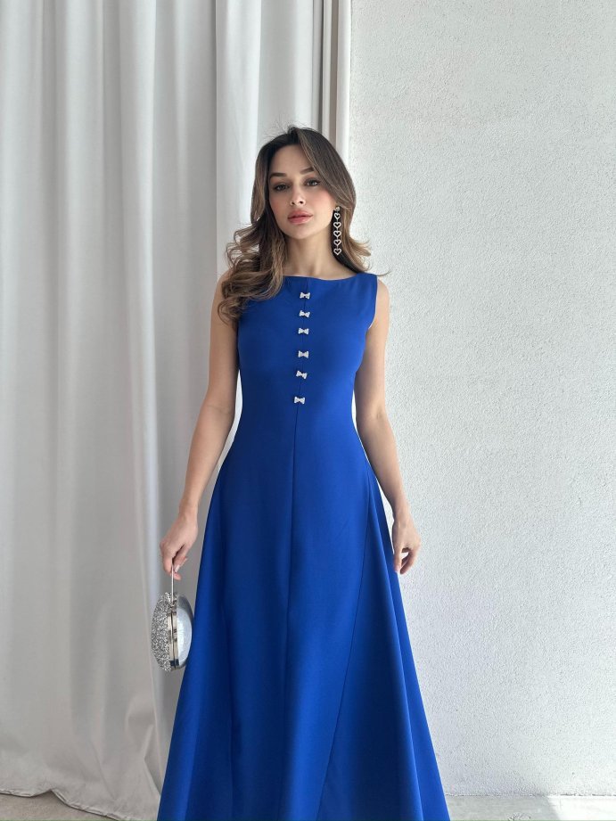 Kayık Yaka Taşlı Fiyonk Detaylı Maxi Elbise 5055 Saks Mavisi - XL