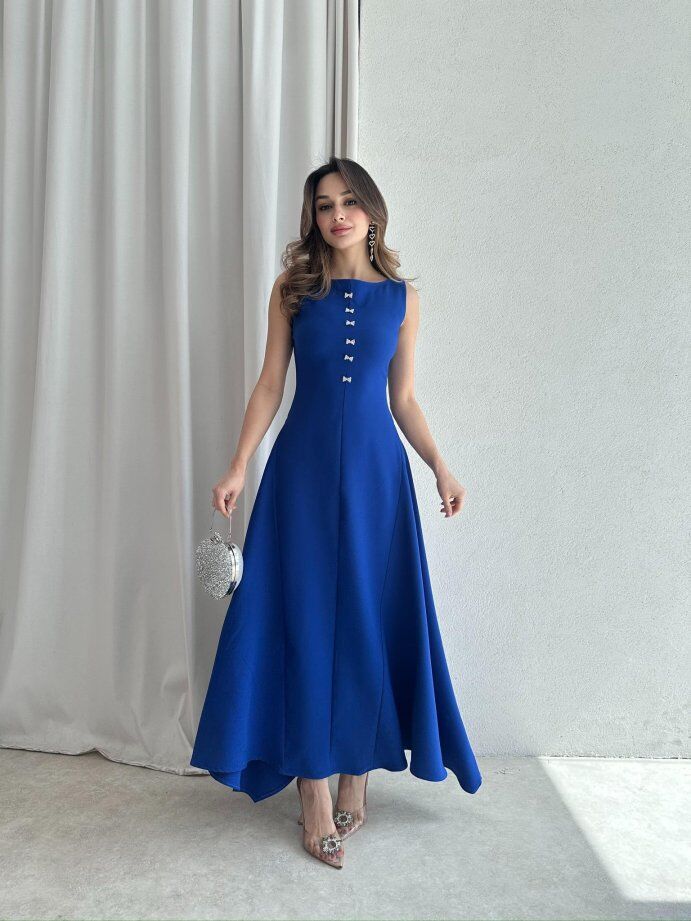 Kayık Yaka Taşlı Fiyonk Detaylı Maxi Elbise 5055 Saks Mavisi - XL