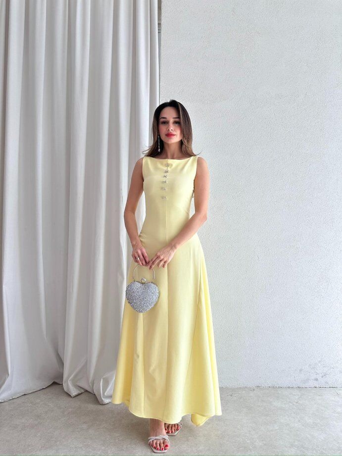 Kayık Yaka Taşlı Fiyonk Detaylı Maxi Elbise 5055 Sarı - XL