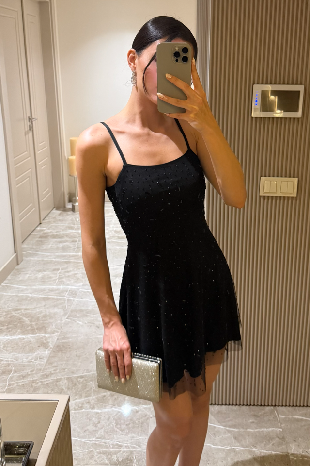Askılı Sim Detaylı Mini Boy Tül Kadın Abiye Elbise