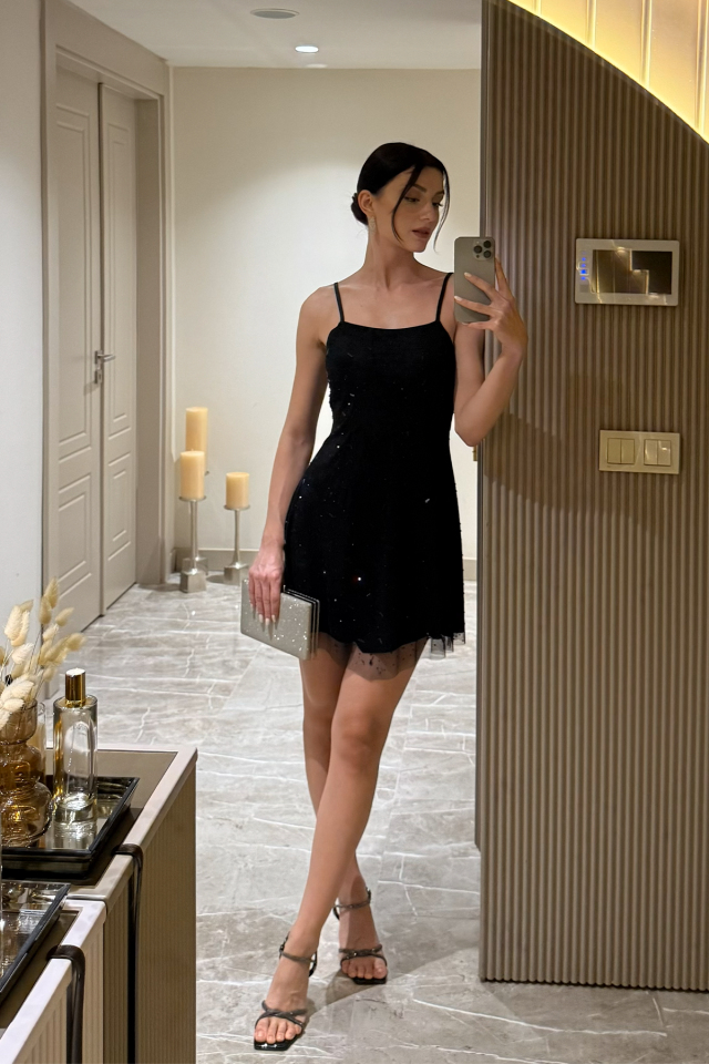 Askılı Sim Detaylı Mini Boy Tül Kadın Abiye Elbise