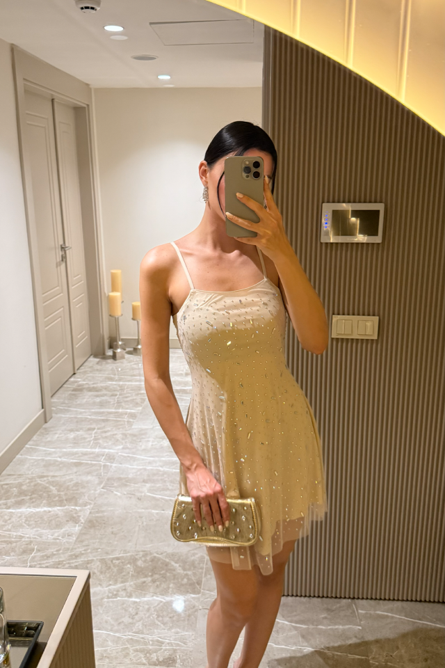 Askılı Sim Detaylı Mini Boy Tül Kadın Abiye Elbise