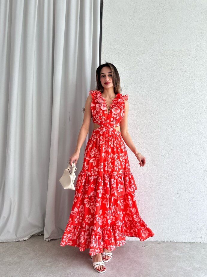 Çiçek Desenli Yakası Volanlı Cut-Out Maxi Elbise 5059 Turuncu - S