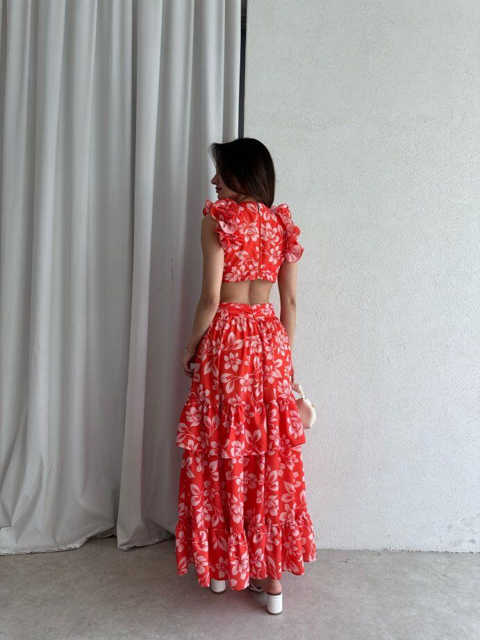 Çiçek Desenli Yakası Volanlı Cut-Out Maxi Elbise 5059 Turuncu - S