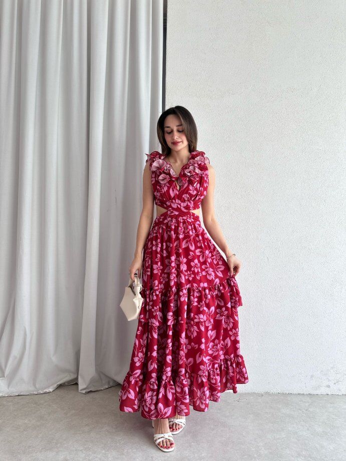 Çiçek Desenli Yakası Volanlı Cut-Out Maxi Elbise 5059 Bordo - M
