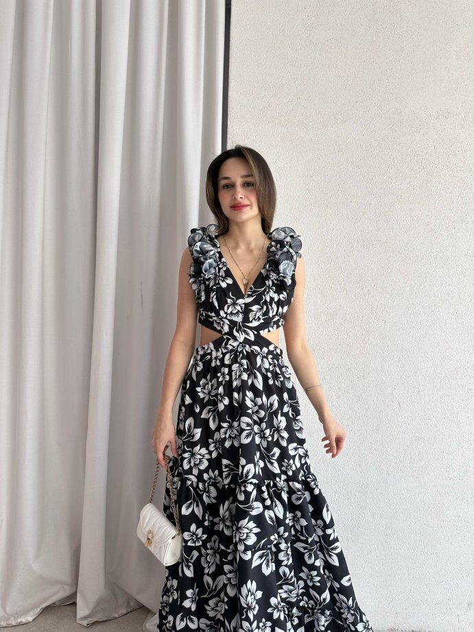 Çiçek Desenli Yakası Volanlı Cut-Out Maxi Elbise 5059 Siyah - M