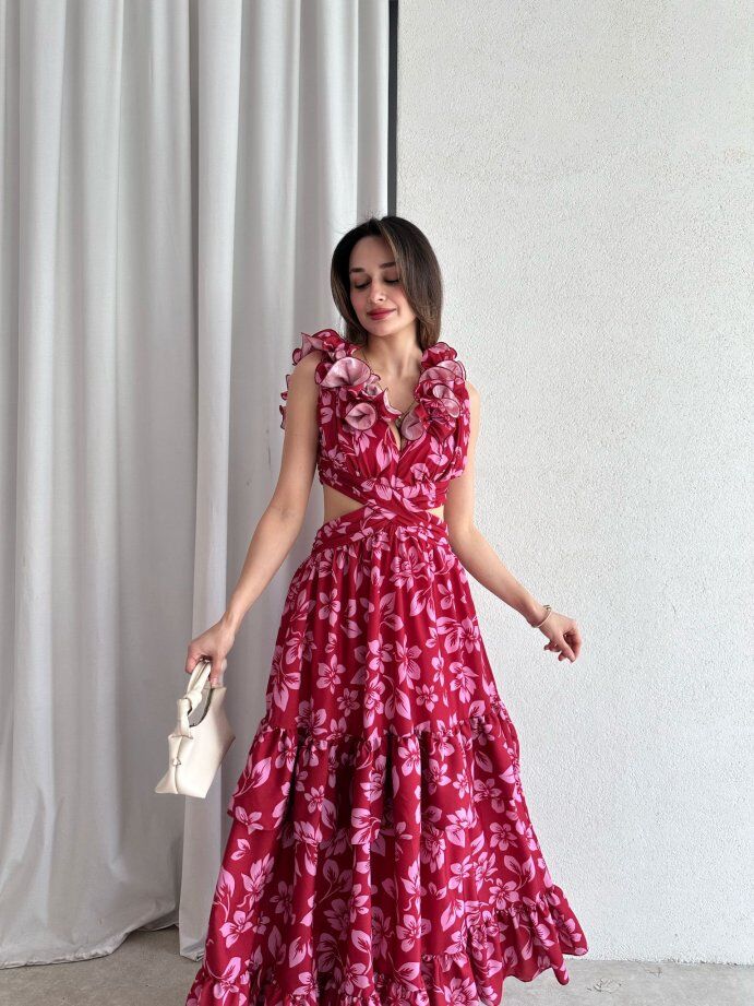 Çiçek Desenli Yakası Volanlı Cut-Out Maxi Elbise 5059 Bordo - L