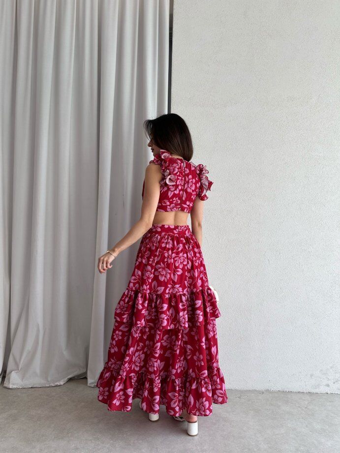 Çiçek Desenli Yakası Volanlı Cut-Out Maxi Elbise 5059 Bordo - L