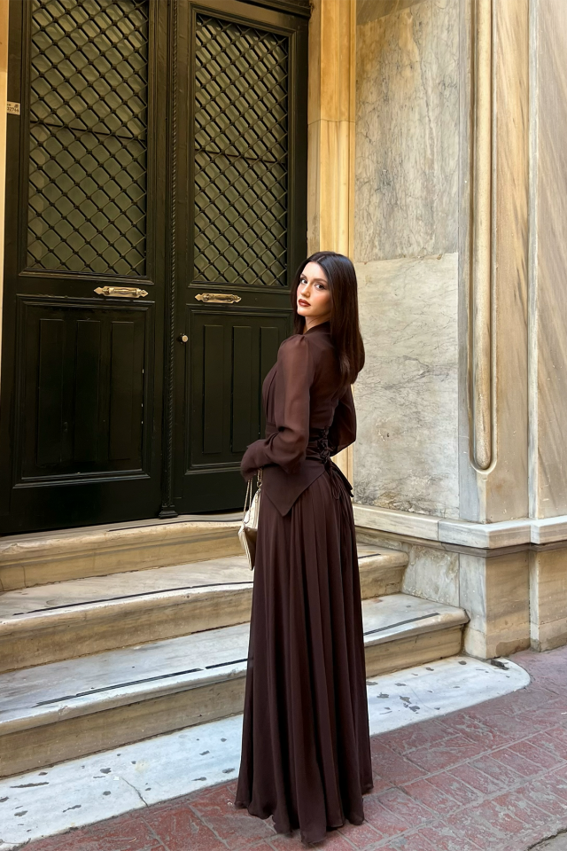 Uzun Kollu Kuşaklı Şifon Uzun Boy Kadın Abiye Elbise