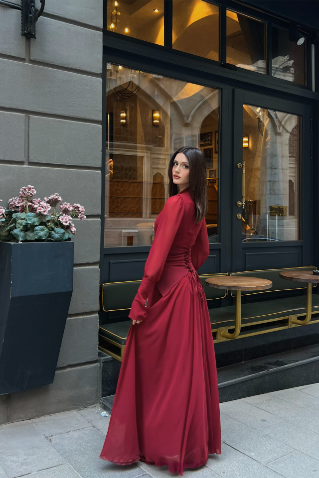 Uzun Kollu Kuşaklı Şifon Uzun Boy Kadın Abiye Elbise