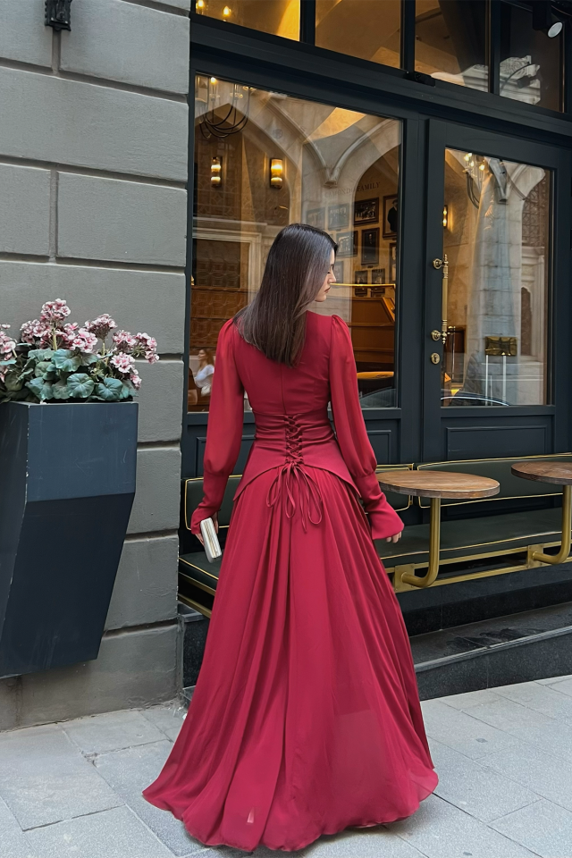 Uzun Kollu Kuşaklı Şifon Uzun Boy Kadın Abiye Elbise