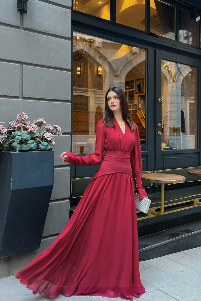 Uzun Kollu Kuşaklı Şifon Uzun Boy Kadın Abiye Elbise