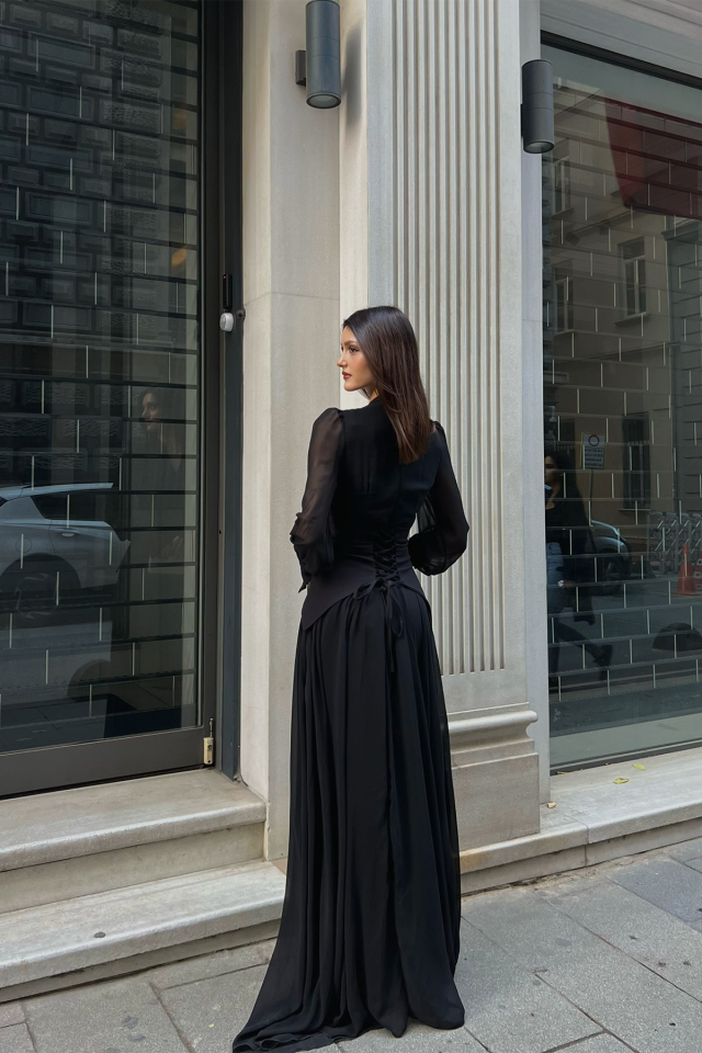 Uzun Kollu Kuşaklı Şifon Uzun Boy Kadın Abiye Elbise