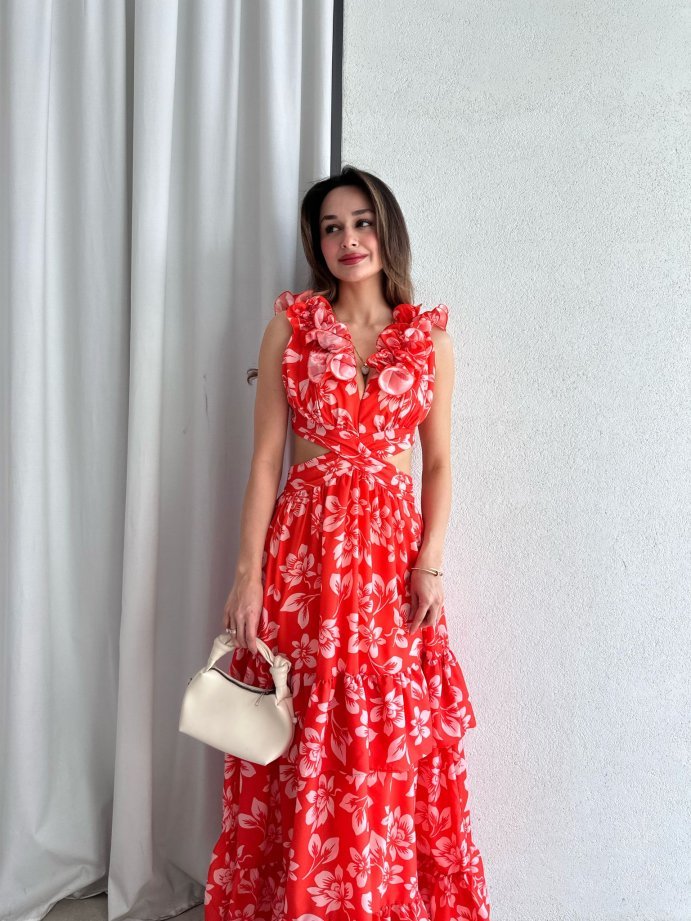 Çiçek Desenli Yakası Volanlı Cut-Out Maxi Elbise 5059 Turuncu - L