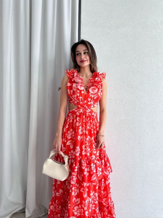 Çiçek Desenli Yakası Volanlı Cut-Out Maxi Elbise 5059 Turuncu - L