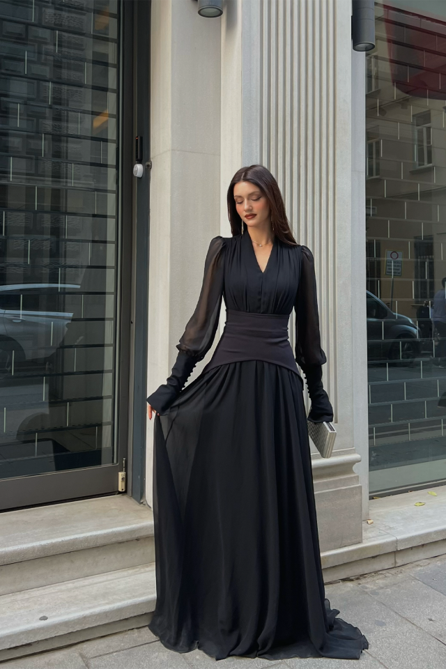 Uzun Kollu Kuşaklı Şifon Uzun Boy Kadın Abiye Elbise