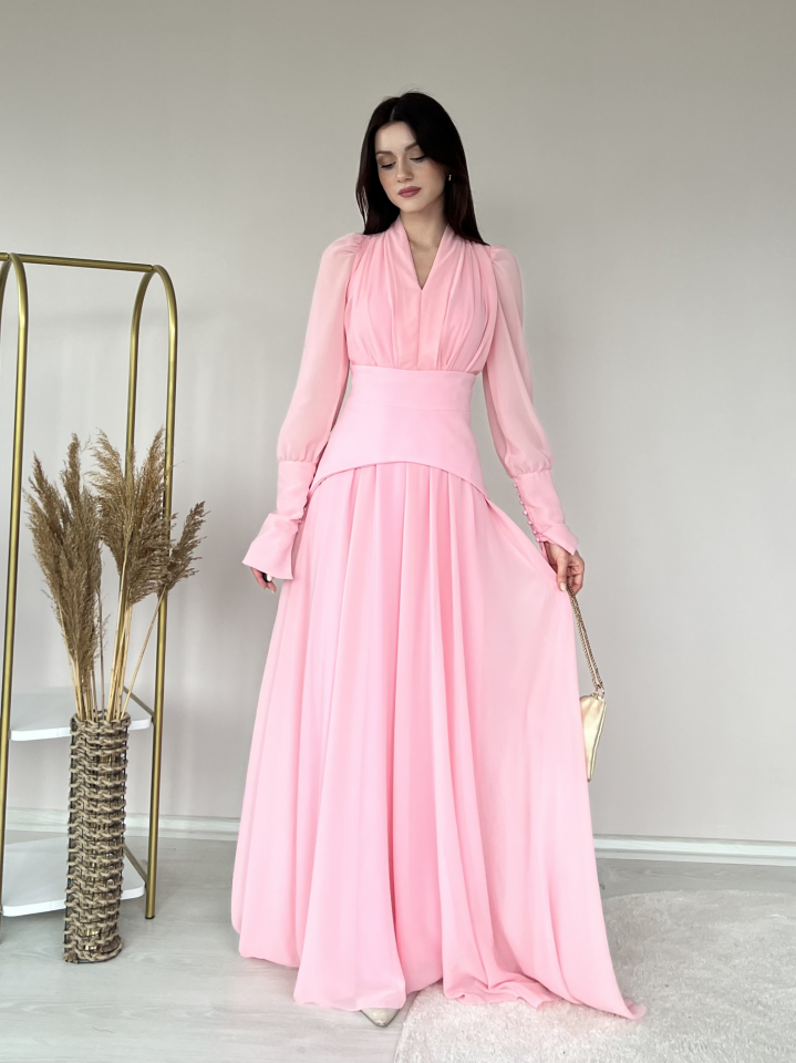 Uzun Kollu Kuşaklı Şifon Uzun Boy Kadın Abiye Elbise