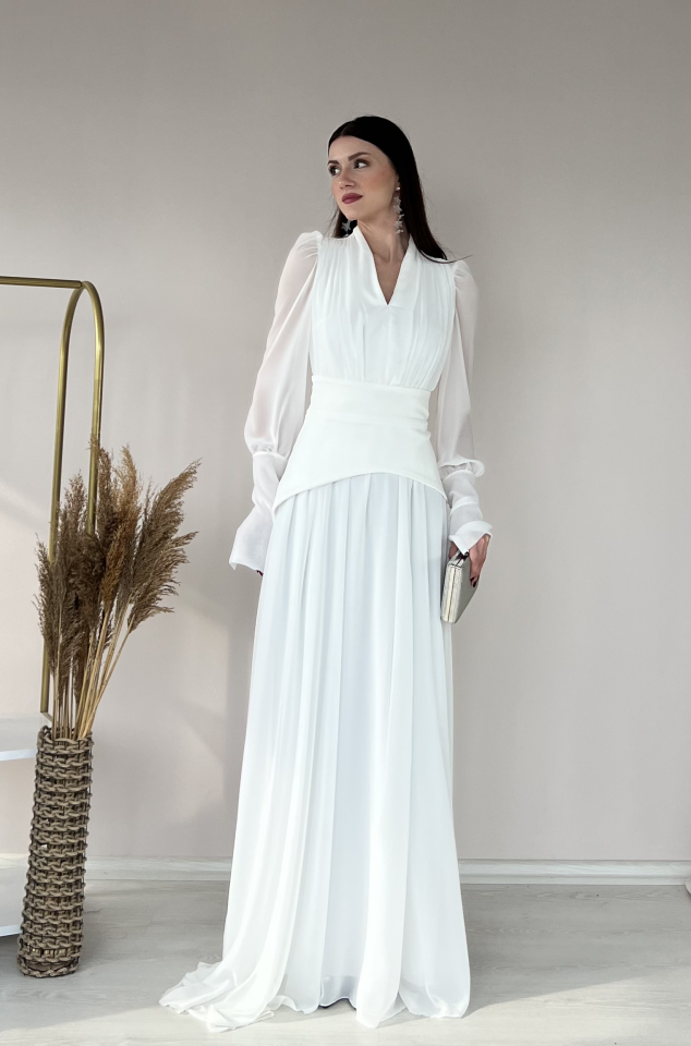 Uzun Kollu Kuşaklı Şifon Uzun Boy Kadın Abiye Elbise