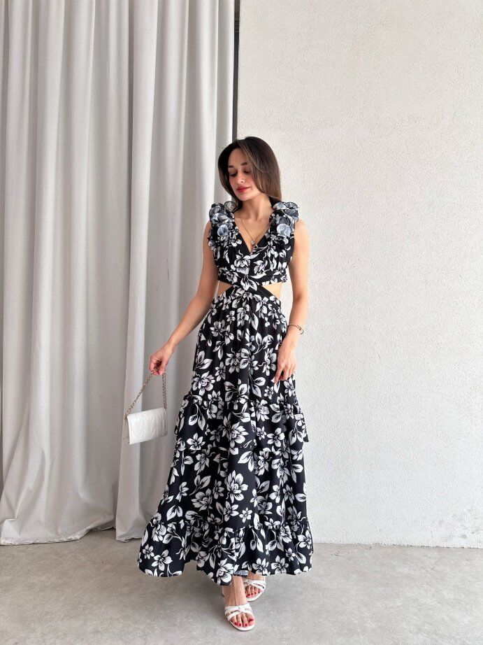 Çiçek Desenli Yakası Volanlı Cut-Out Maxi Elbise 5059 Siyah - XL