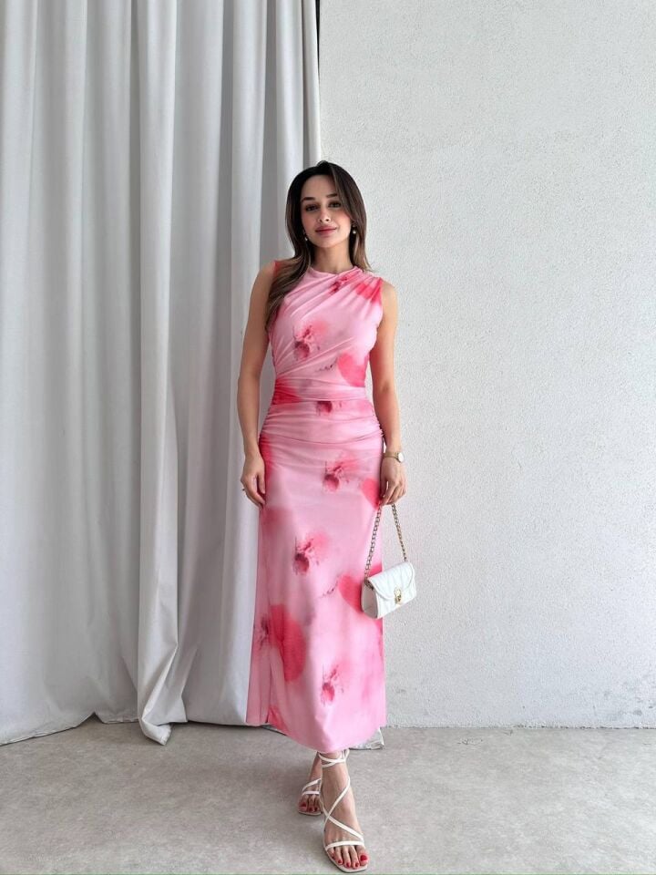 Drapeli Desenli Maxi Elbise 5060