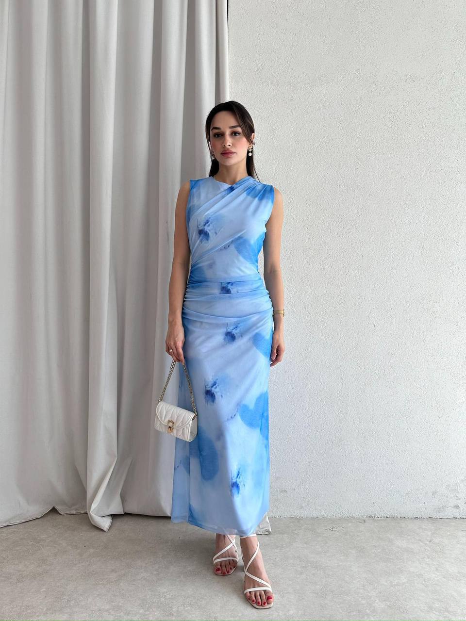 Drapeli Desenli Maxi Elbise 5060 Mavi - M